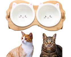 Verhoogde dubbele voerbak kat - Porseleinen bakjes met oortjes in houten standaard voor kattenvoer