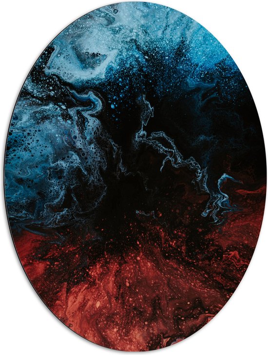 Dibond Ovaal - Mix van Blauwe en Rode Patronen op Zwarte Achtergrond - 72x96 cm Foto op Ovaal (Met Ophangsysteem)