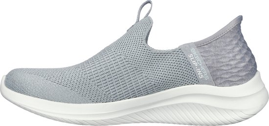 Grijze Skechers Slip-ins instapper met een gebreid bovenwerk en witte zool.