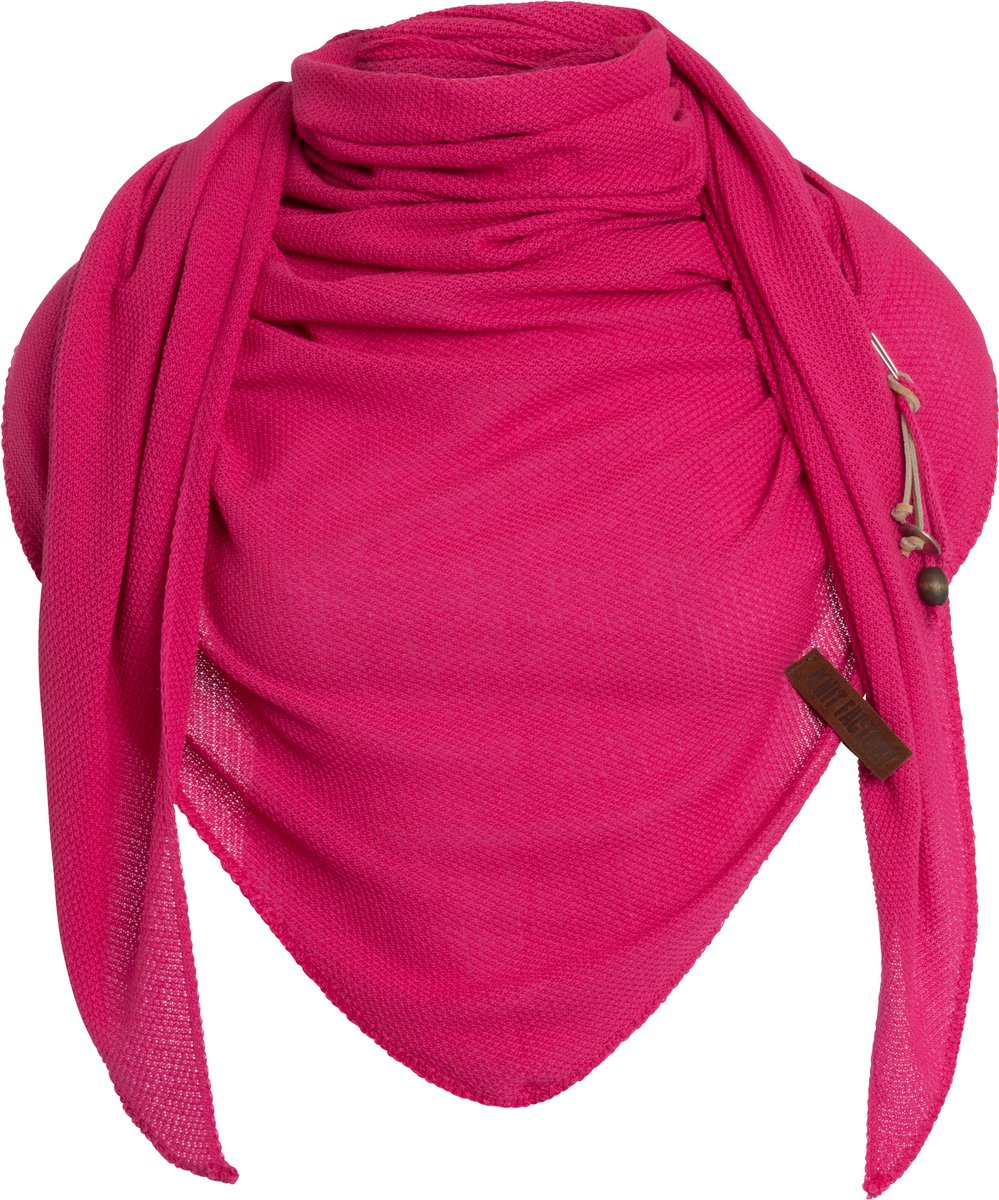 Knit Factory Lola Gebreide Omslagdoek - Driehoek Sjaal Dames - Katoenen sjaal - Luchtige Sjaal voor de lente, zomer en herfst - Stola - Fuchsia - 190x85 cm - Inclusief sierspeld
