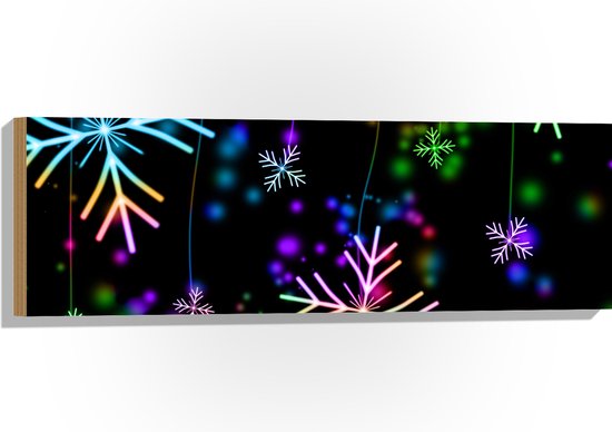Hout - Neon Kleurige Sneeuwvlokjes tegen Zwarte Achtergrond - 90x30 cm - 9 mm dik - Foto op Hout (Met Ophangsysteem)
