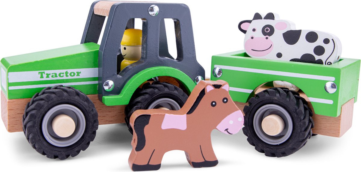New Classic Toys Houten Tractor met Aanhanger en Dieren - Groen