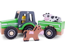 Woet® Houten Tractor met Aanhanger - Inclusief 2 Boerderijdieren - Groen - Educatief Speelvoertuig - Rollenspel Speelgoed - Vanaf 18 Maanden