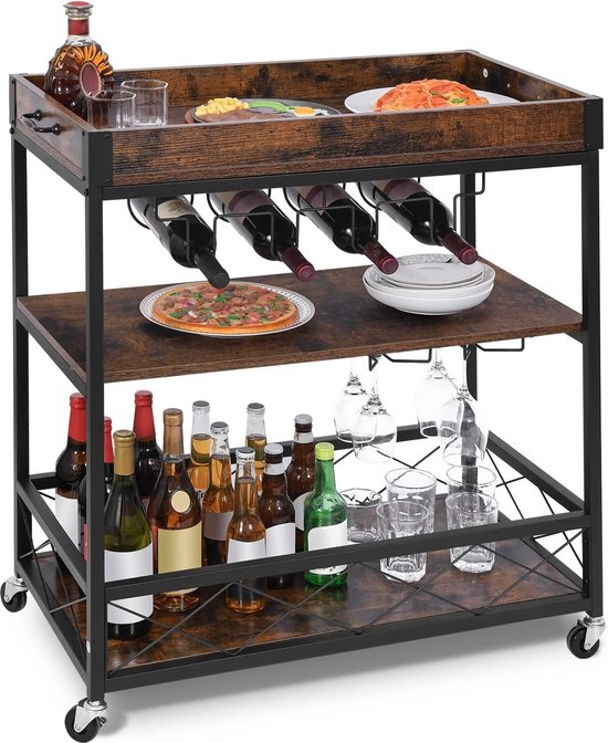 Hoppa! Servierwagen – Schwarz, Metall & Holz, 60x33x83 Cm, Mit Rollen, S-Haken Und Schutzgitter