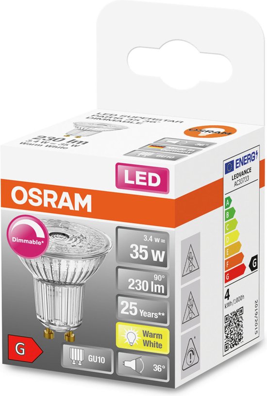 LEDVANCE - LED Spot - Parathom PAR16 927 36D - GU10 Fitting - Dimbaar - 3.7W - Warm Wit 2700K | Vervangt 35W - Ledvance