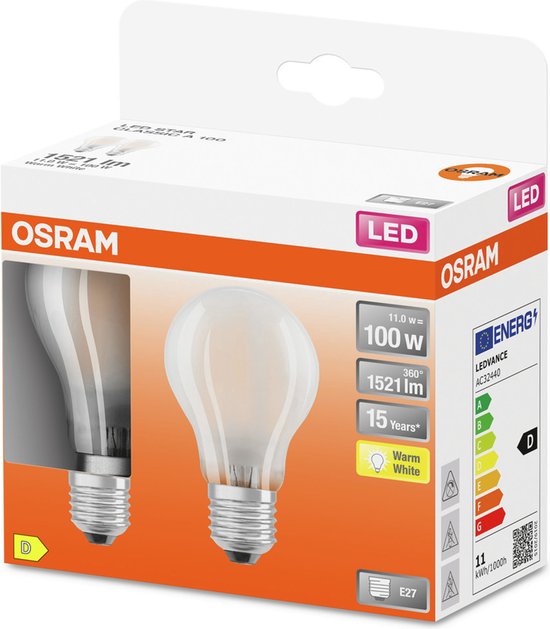 OSRAM Doos met 2 standaard LED-lampen met mat glas - 10W equivalent aan 100W E27 - Warm wit