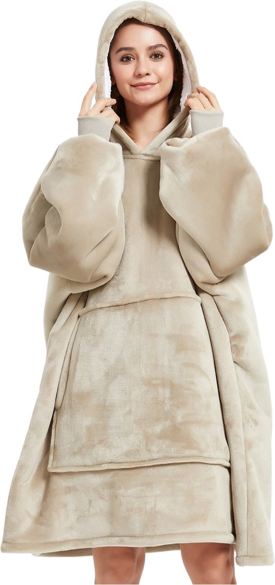 Badrock Hoodie deken - Fleece deken met mouwen en capuchon – Oversized hoodie deken met mouwen – Fleece TV deken – Draagbare deken - Plaid met mouwen – hoodie blanket - Warm & zacht – Fleece poncho – Beige — cadeau in Wonen & Interieur - foto 6