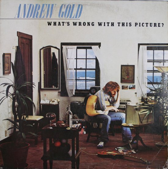 Albumhoes met Andrew Gold zittend op een stoel met een gitaar. Ondertitel: What's Wrong With This Picture?