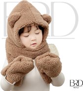 BRD® Winter | Wintermuts Teddy All-in-one Bruin - Muts, sjaal en handschoenen in één voor kinderen - unisex baby kind gevoerd