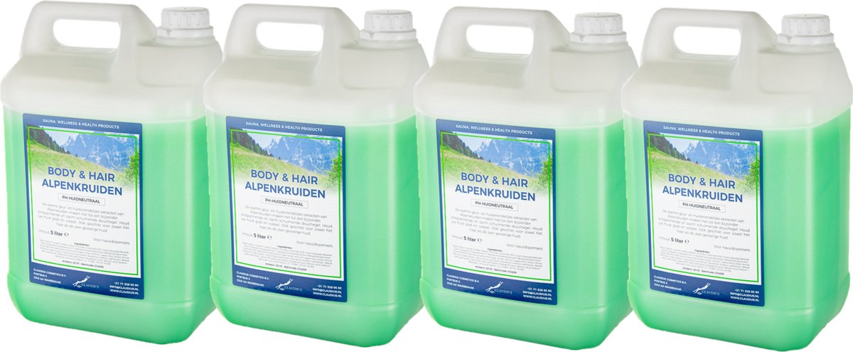 Goedkoopste Body & Hair Alpenkruiden - 5 liter - set van 4 stuks - 2 in 1 voor lichaam en haar.