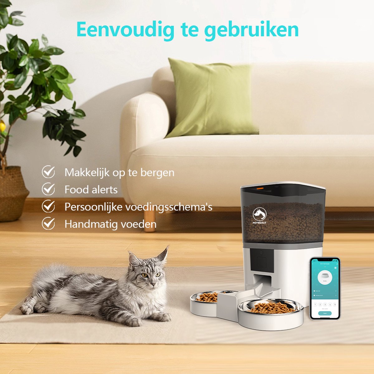 Afbeelding 2 van PetMeals.nl Automatische Voerbak Kat en Hond - Twee Voerbakken - met App - 6 L - Wit