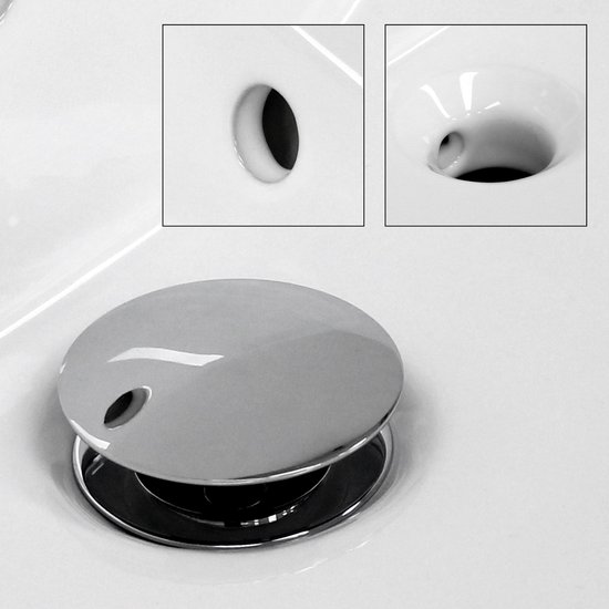 Détail du siphon de vidange argenté avec trop-plein dans le lavabo en céramique blanc.