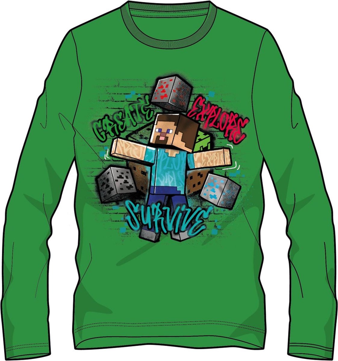 Minecraft Longsleeve - Groen - 100% Katoen. Maat 116 cm / 6 jaar.
