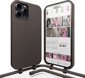xoxo Wildhearts silicone case met koord - Telefoonhoesje met koord - Backcover hoesje met telefoonkoord - Black Coffee Cord Case - geschikt voor Apple iPhone 14 Pro - bruin