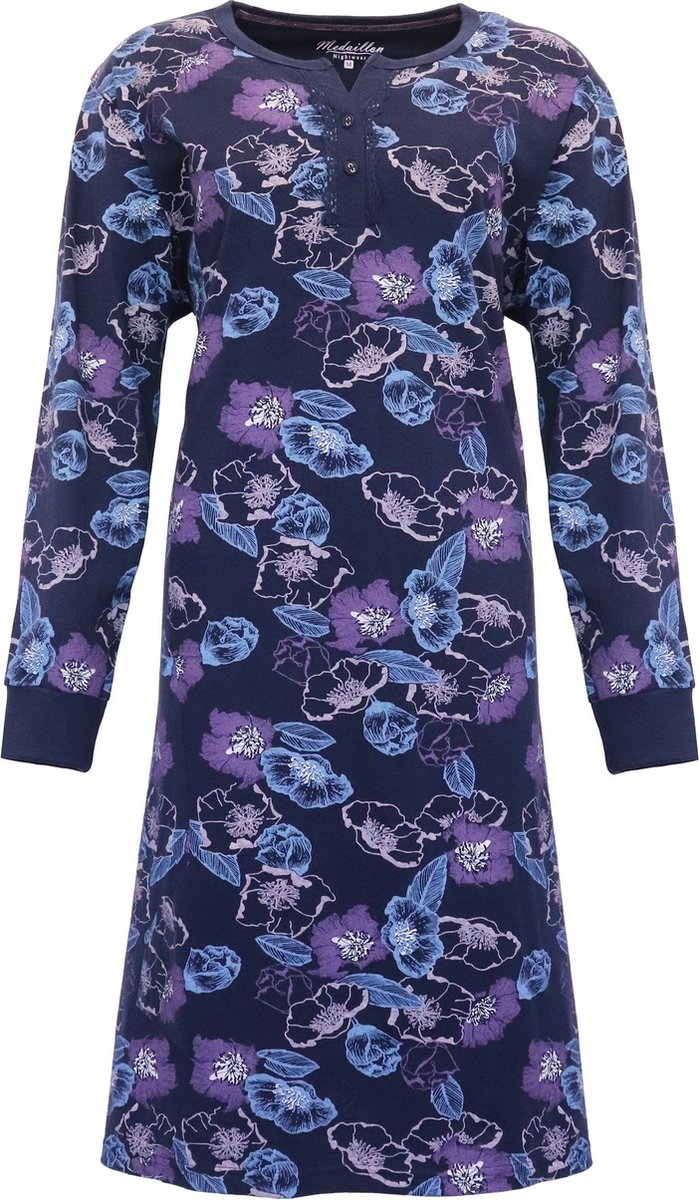 Medaillon Dames Nachthemd - 100% Katoen - Gebloemd - Blauw