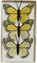 Decoris decoratie vlinders op draad - 3x - geel - 8 x 6 cm