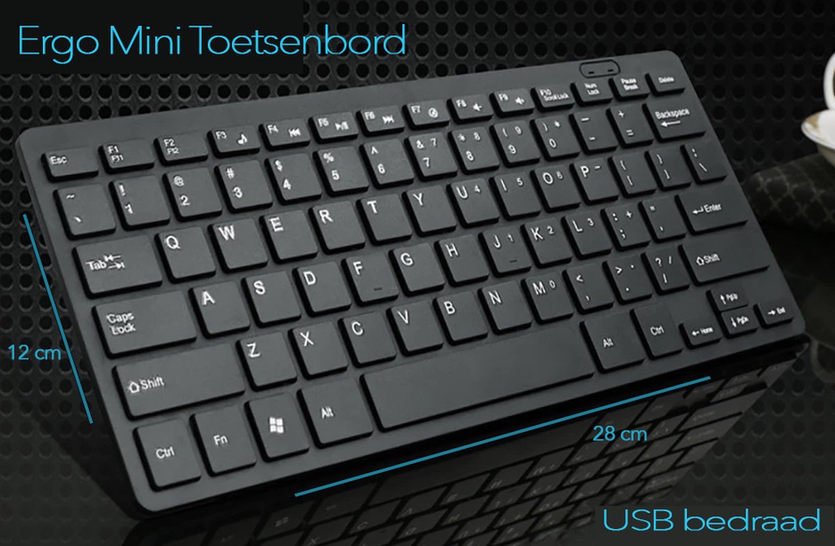 K001 Mini Toetsenbord, QWERTY (US), Ergonomisch en Ultradun, Zwart, Met draad, USB aansluiting, Mac + Windows thumbnail 2