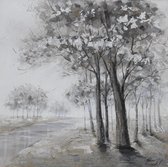 Schilderij -Handgeschilderd - Oever met bomen , zwart wit 100x100cm