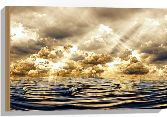 Hout - Abstract Schilderij van Wolken Drijvend in de Zee - 60x40 cm - 9 mm dik - Foto op Hout (Met Ophangsysteem)