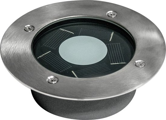 Ronde, metalen grondspot met glazen solarpaneel. De buitenlamp is ingebouwd in een donkergrijze cilinder.