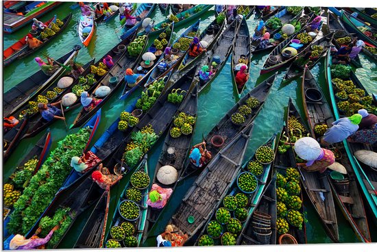 Dibond - Drijvende markt op Boten in Vietnam - 90x60 cm Foto op Aluminium (Met Ophangsysteem)
