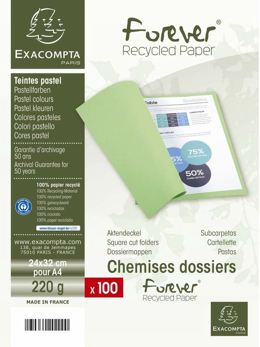 Exacompta FOREVER 220-Pak van 100 dossiermappen 220g/m2 24x32cm voor A4. - Lichtblauw - 410006E