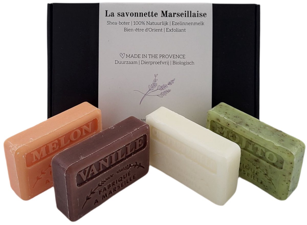 Goedkoopste Soap bar set - zeep savon de marseille Chevrefeuille, Mojito, Vanille, Meloen 4x125 gr. brievenbuscadeau - cadeauverpakking