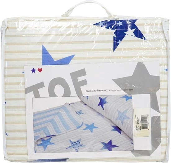 Couvre-lit - couverture extra chaude - rayures étoiles - bleu garçon - 130 x 150 cm