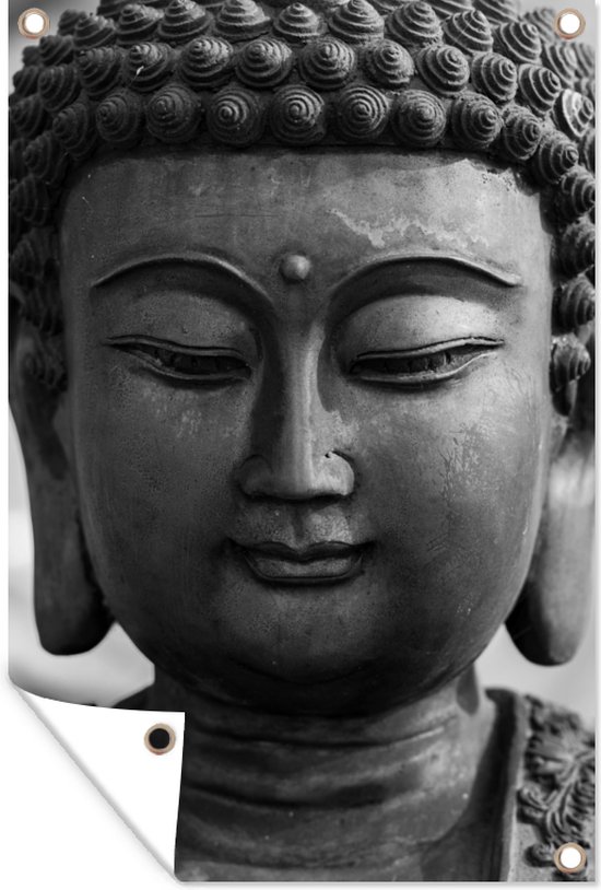 Tuindecoratie Boeddha - Grijs - Spiritualiteit - Buddha beeld - Religie - 40x60 cm - Tuinposter - Tuindoek - Buitenposter