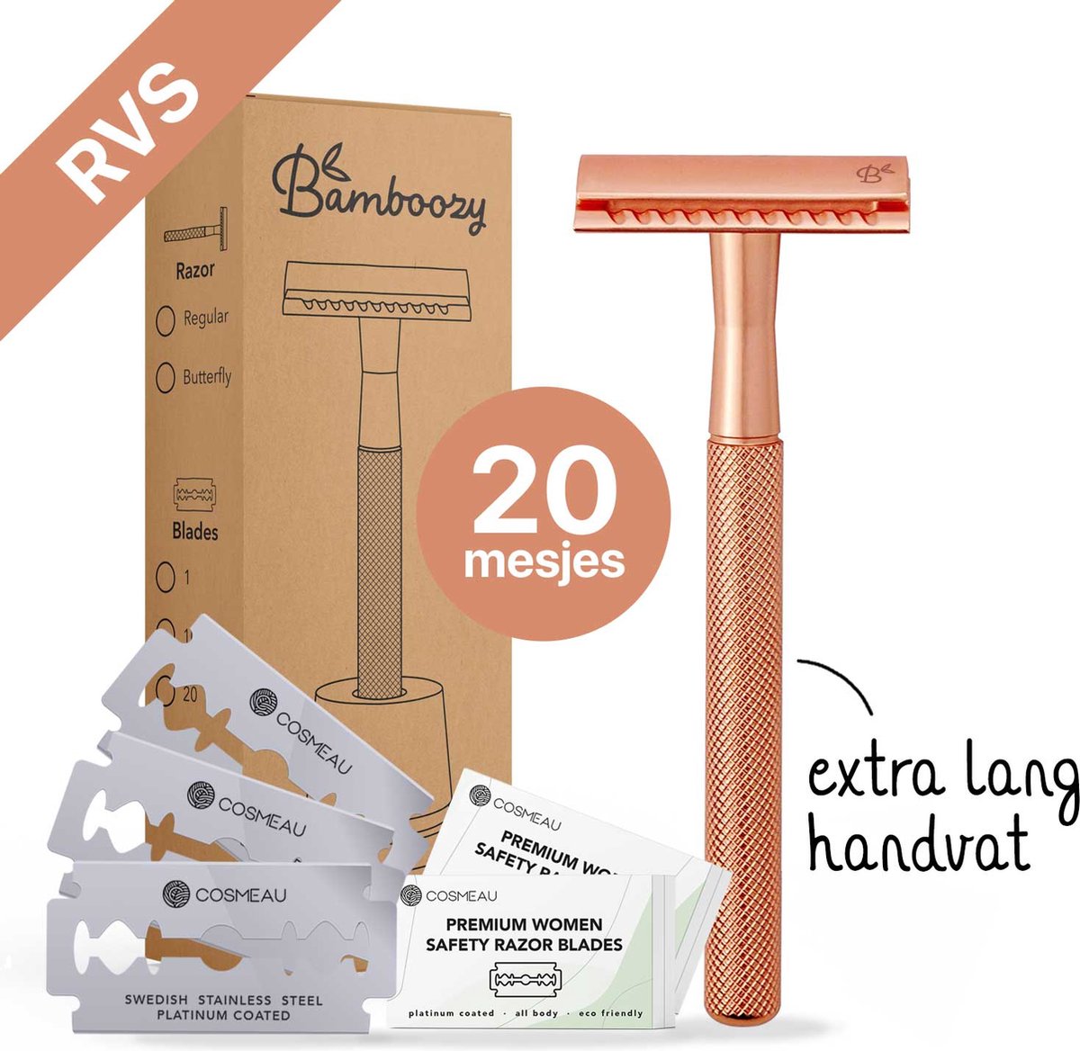 Bol.com Bamboozy Safety Razor RVS + 20 Scheermesjes Rose Gold Goud voor Vrouwen Dames Zero Waste Scheermesje Veiligheidsscheermes aanbieding