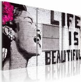 Schilderij - Banksy - Life is Beautiful, Zwart-Wit/Roze, 3luik, Premium print