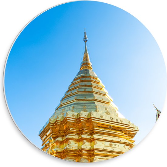 PVC Schuimplaat Muurcirkel - Boeddhistische Wat Phrathat Doi Suthep Tempel Vol met Gouden Versieringen - 30x30 cm Foto op Muurcirkel (met ophangsysteem)