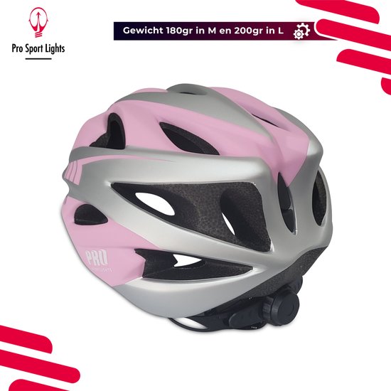 Roze fietshelm met zilveren zijstrepen, ventilatieopeningen en 'PRO' logo.