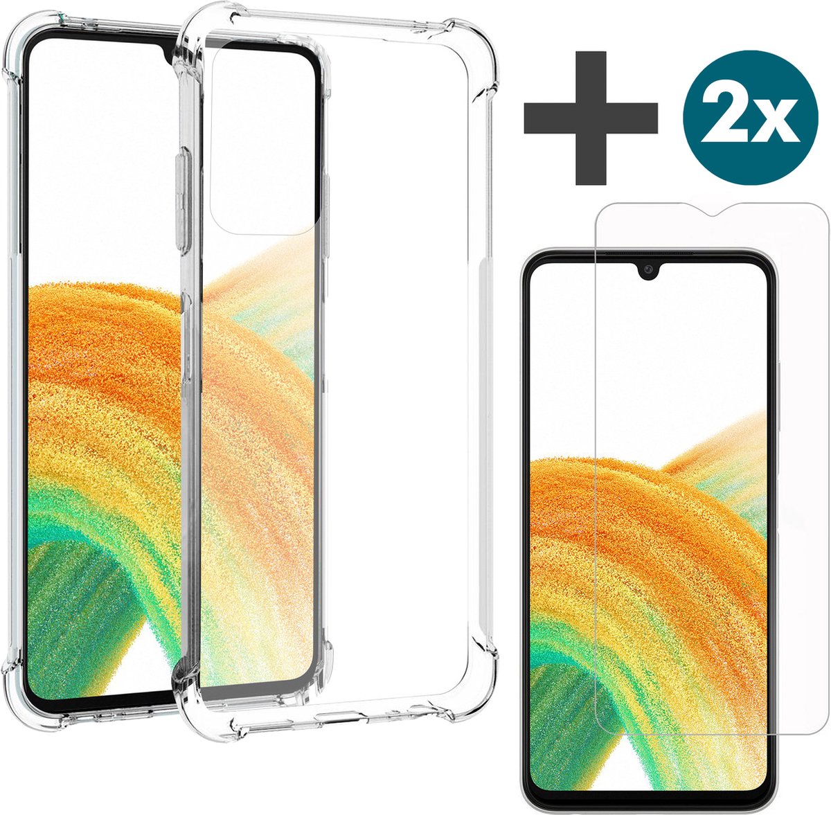 Arara Hoesje geschikt voor Samsung Galaxy A33 hoesje transparant siliconen backcover met verstevigde hoeken Inclusief 2 Stuks Screenprotector tempered glass