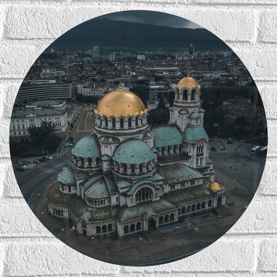 Muursticker Cirkel - Blauw met Goude Alexaner Nevski-kathedraal Midden op het Plein - 50x50 cm Foto op Muursticker