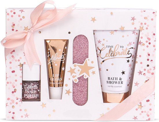 Cadeauset met nagellak, lipgloss en bad & douche gel, alles in feestelijke confetti-stijl.