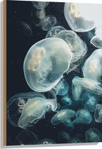 WallClassics - Hout - Zee van Kwallen in de Zee - 60x90 cm - 9 mm dik - Foto op Hout (Met Ophangsysteem)