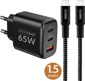 MOJOGEAR Charge+ Combo: 65 Watt oplader met USB-C kabel - 1,5 meter kabel - 2 usb-c-poorten & 1 usb-poort - Oplader voor o.a. laptop, smartphone, tablet - Zwart