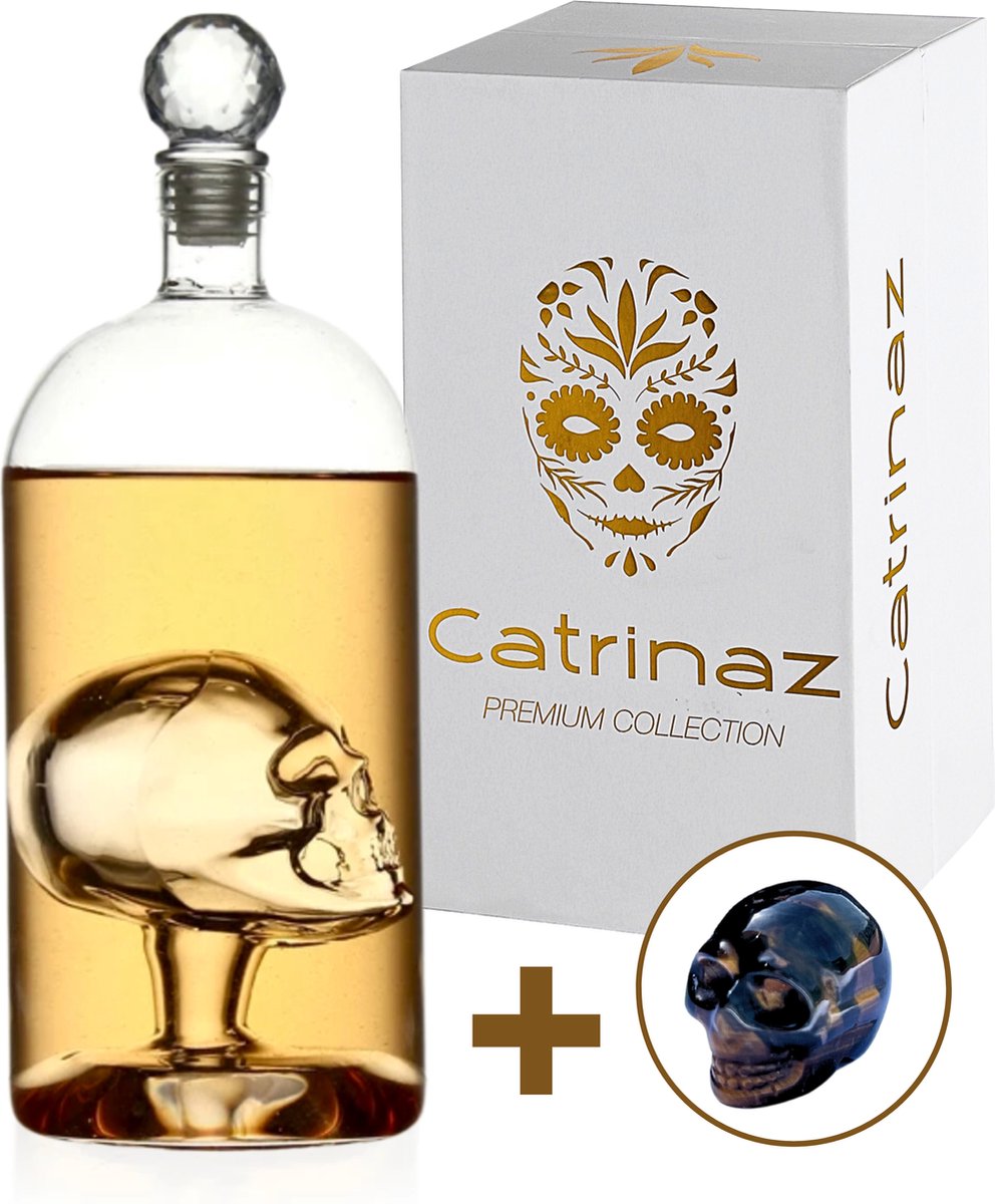 Catrinaz® Whiskey karaf - Tequila karaf - Luxe Skull karaf - Uniek design - 1L - Mondgeblazen/Handbewerkt - Gift box met Skull in tijgeroog - Cadeau voor man