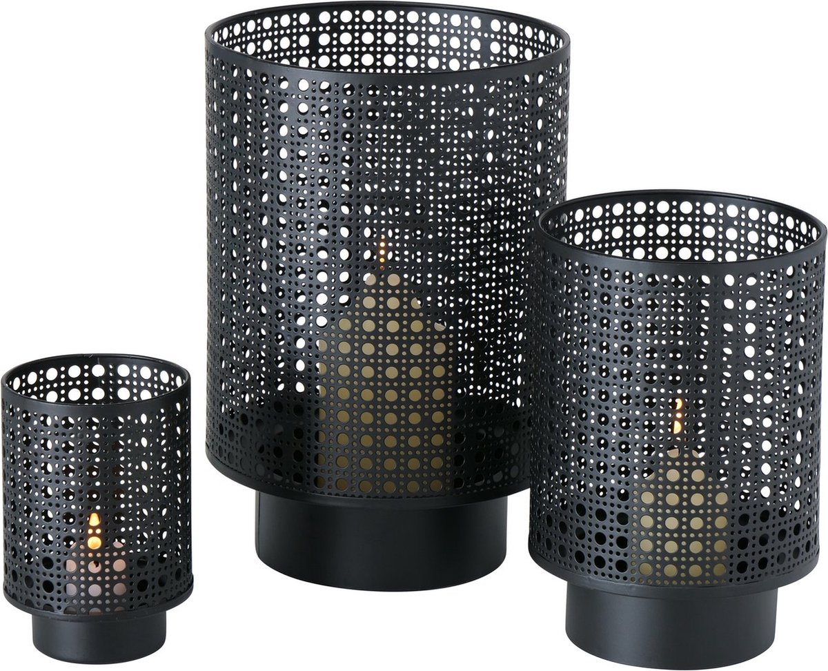 Boltze Mooie set van 3 mat zwart windlichten