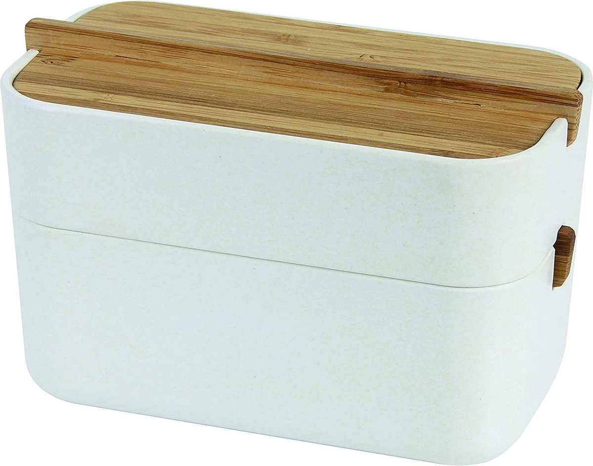 Lexon Cotton-box, wit/bamboe, 15,4 x 9,4 x 8,4 cm