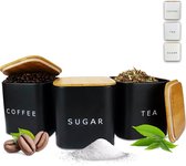 Generisch Keukendoos voor Koffie, Thee & Suiker Voorraaddoos met Bamboe Deksel Luchtdicht voor 1,5 kg Keuken Opberg- & Organisatiedoos Set van 3 (Matzwart) Koffievoorraaddoos Vierkante Koffiebonen