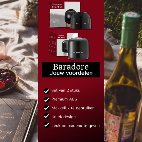 Vacuüm Wijnstopper & Champagne Stopper - Wijn accessoires - Flessenstop - Herbruikbaar - Zwart - Baradore