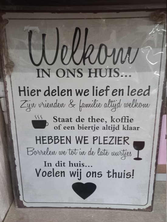 Metalen wandbord tekst Welkom in ons huis | bol.com