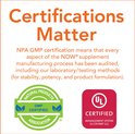 Labels met 'Certifications Matter'. Bevat 'NPA GMP certified' en 'UL Certified Management System'.