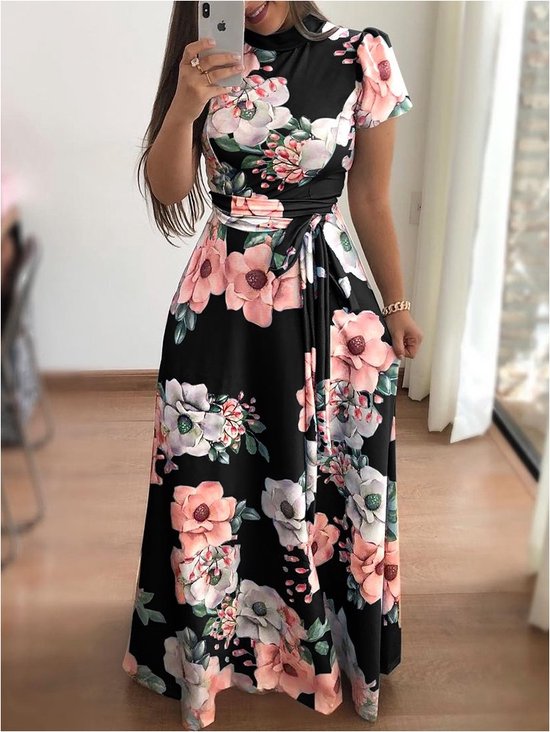 Dames Lange Jurk Maxi Jurk Korte Mouw Zwart Maat S bol