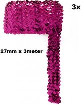 3x Pailletten band breed elastisch pink 2,7cm x 3 meter - Paillet thema party festival kleding feest