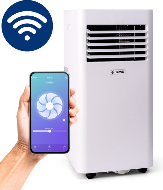 BluMill Smart Airco - Mobiele Airco met Wifi - 9000 BTU - Airconditioning - Geschikt voor Ontvochtiging - op Wieltjes - incl. Raamafdichting Kit