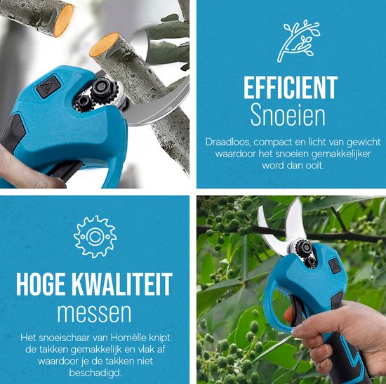 Blauwe elektrische snoeischaar die een tak doorknipt, met tekst "Efficiënt Snoeien" en "Hoge kwaliteit messen".