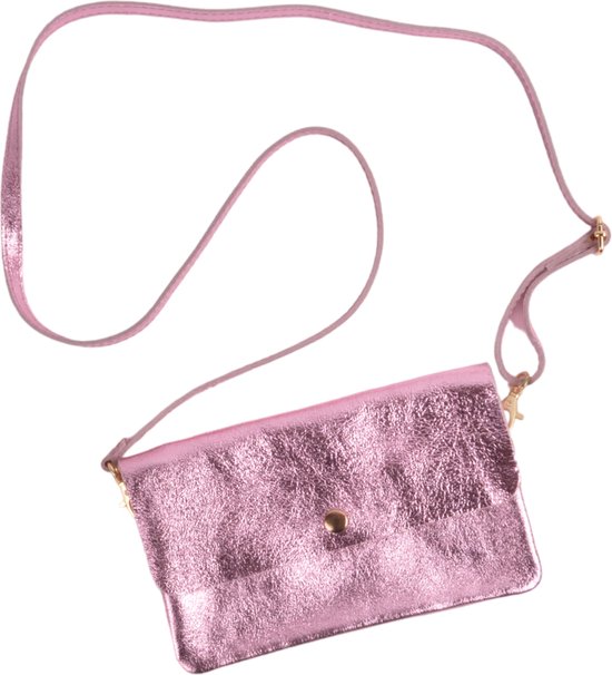 Metallic - Dames Lederen Schoudertas - Made in Italie - Leer tas - Glitter Lichtroze - Pink